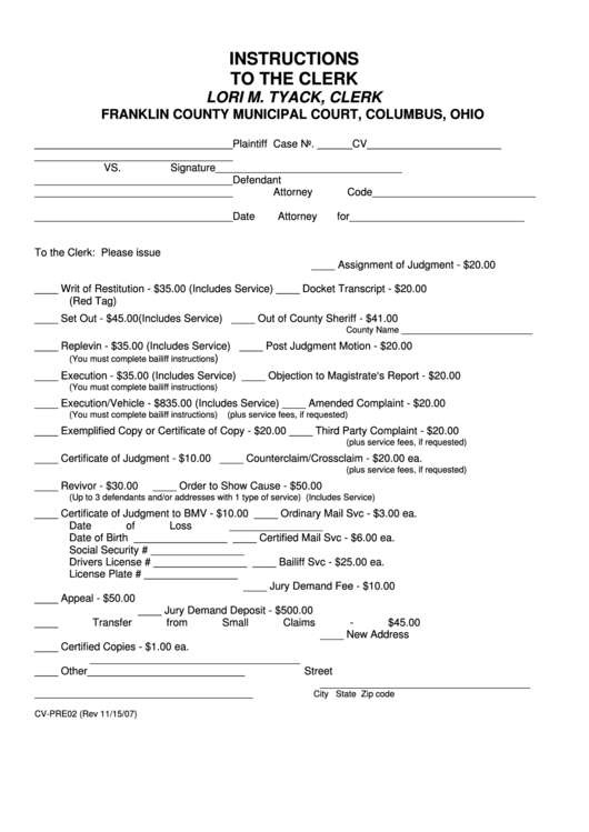 Form Cv Pre02 Instructions To The Clerk Franklin County Municipal 