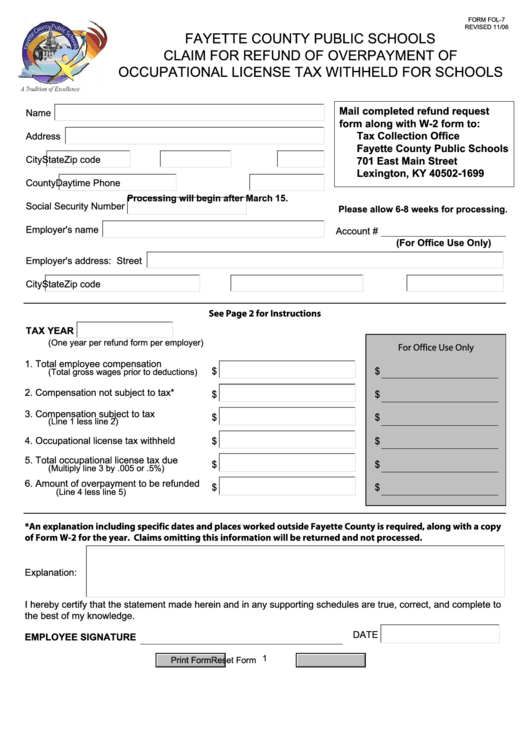 Form Fol 7 Claim For Refund Of Overpayment Of Occupational License 