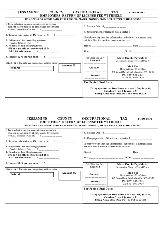 Form Jcot 1 Jessamine County Occupational Tax Printable Pdf Download