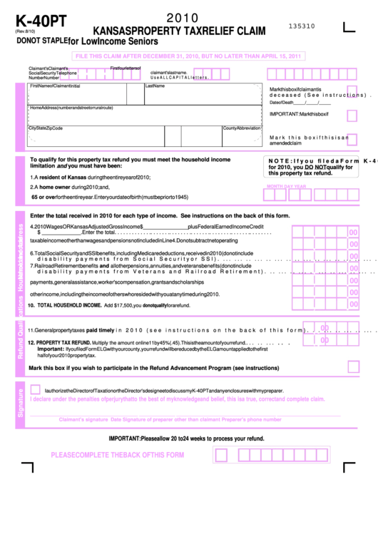 Form K 40 Pt Kansas Property Tax Relief Claim For Low Income Seniors 