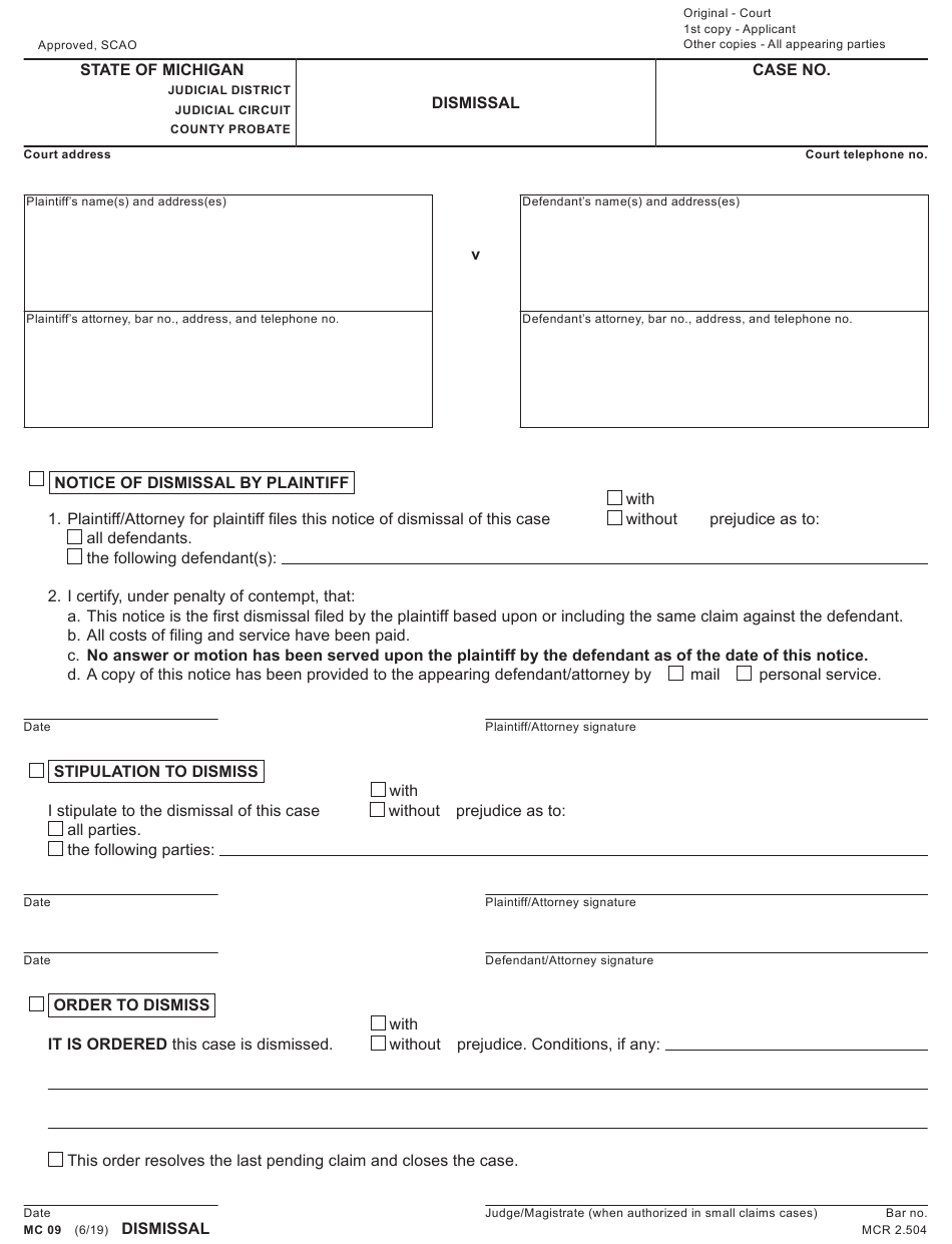 Form MC09 Download Fillable PDF Or Fill Online Dismissal Michigan