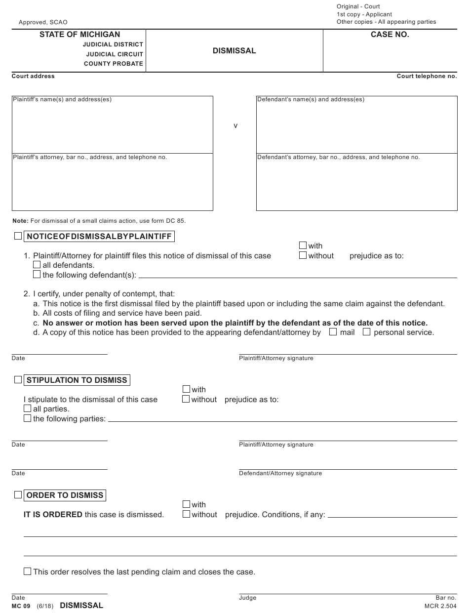 Form MC09 Download Fillable PDF Or Fill Online Dismissal Michigan