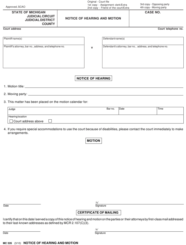 Form MC326 Download Fillable PDF Or Fill Online Notice Of Hearing And 