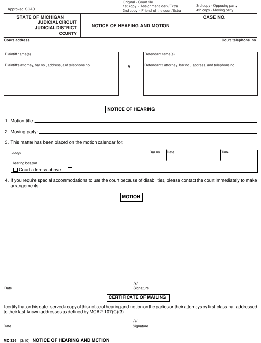 Form MC326 Download Fillable PDF Or Fill Online Notice Of Hearing And