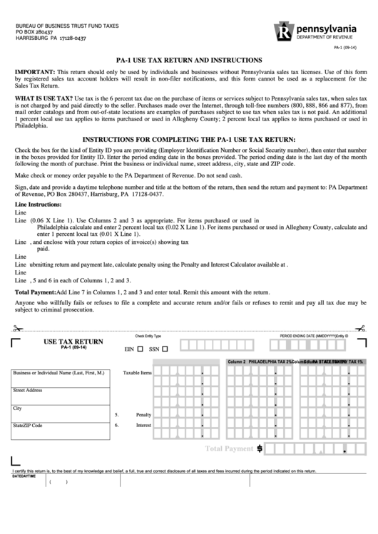 Form Pa 1 Use Tax Return Printable Pdf Download