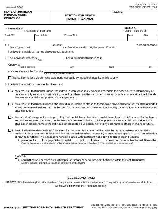 Form PCM201 Download Fillable PDF Petition For Mental Health Treatment 