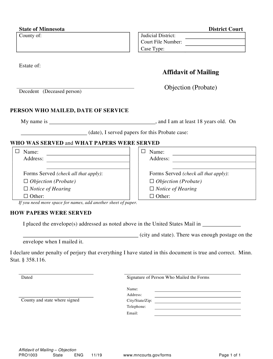 Form PRO1003 Download Printable PDF Or Fill Online Affidavit Of Mailing