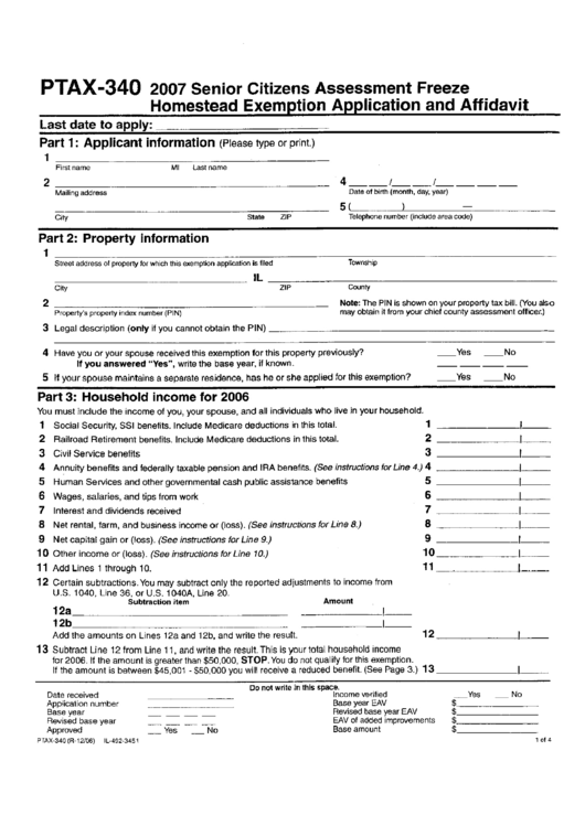 Form Ptax 340 Senior Citizens Assessment Freeze Homestead Exemption 