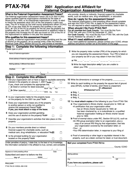 Form Ptax 764 Application And Affidavit For Fraternal Organization 