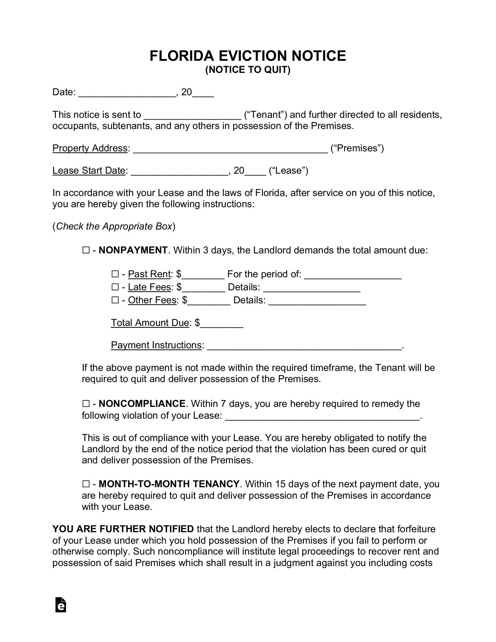 Free Florida Eviction Notice Forms Process And Laws PDF Word EForms