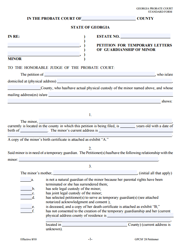 Free Georgia Child Custody Form PDF Template Form Download