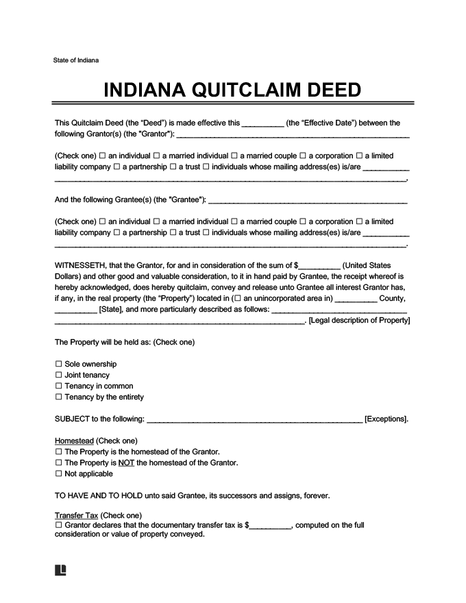 Free Indiana Quitclaim Deed Form How To Write Guide