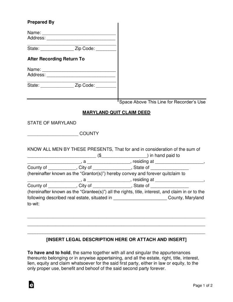 Free Maryland Quit Claim Deed Form Word PDF EForms