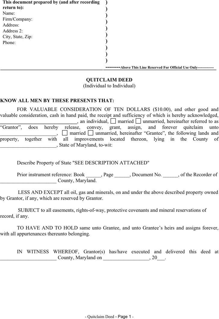 Free Maryland Quitclaim Deed Form PDF 25KB 3 Page s