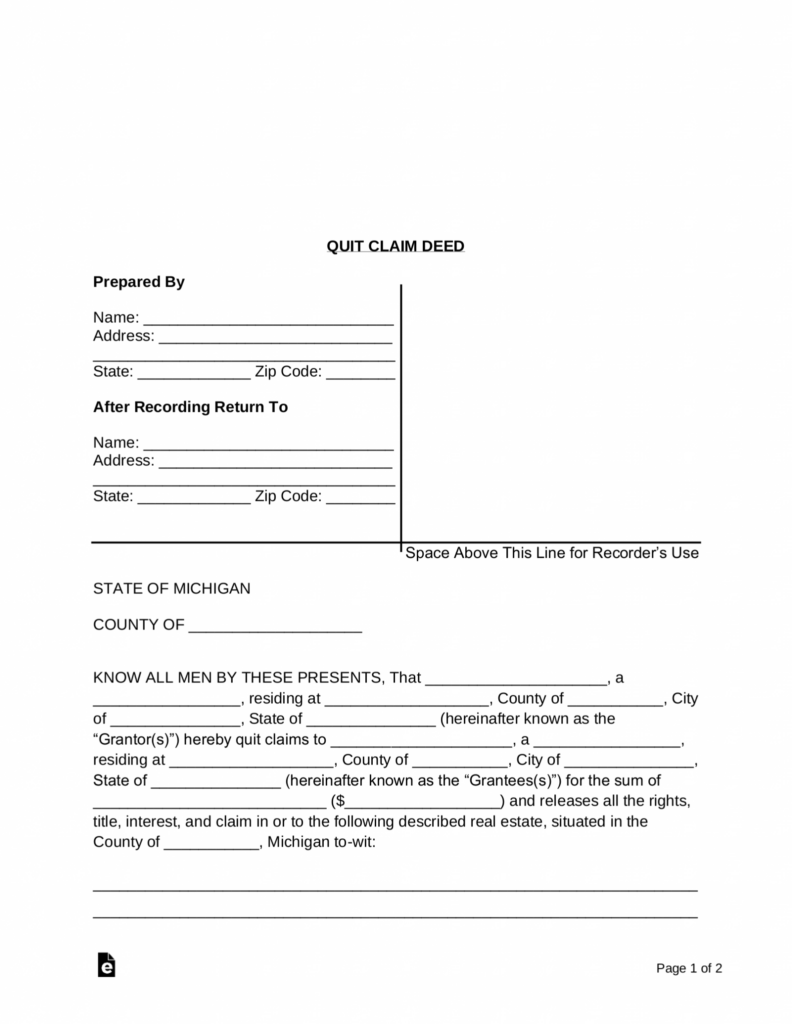 Free Michigan Quit Claim Deed Form Word PDF EForms