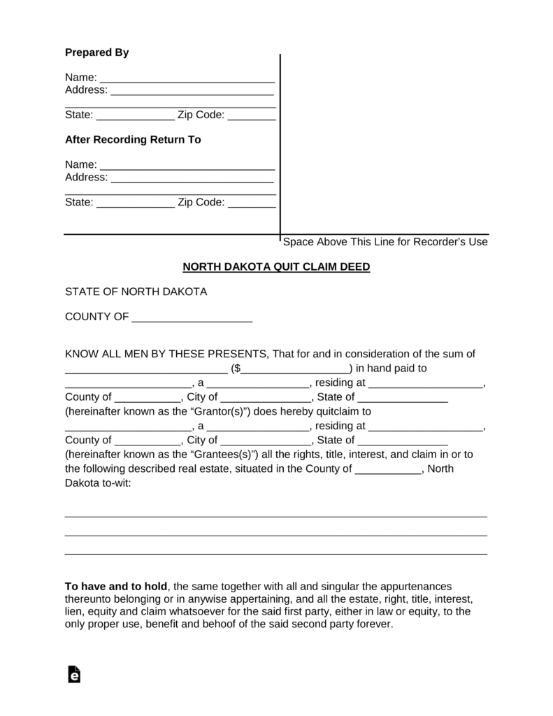 Free North Dakota Quit Claim Deed Form Word PDF EForms