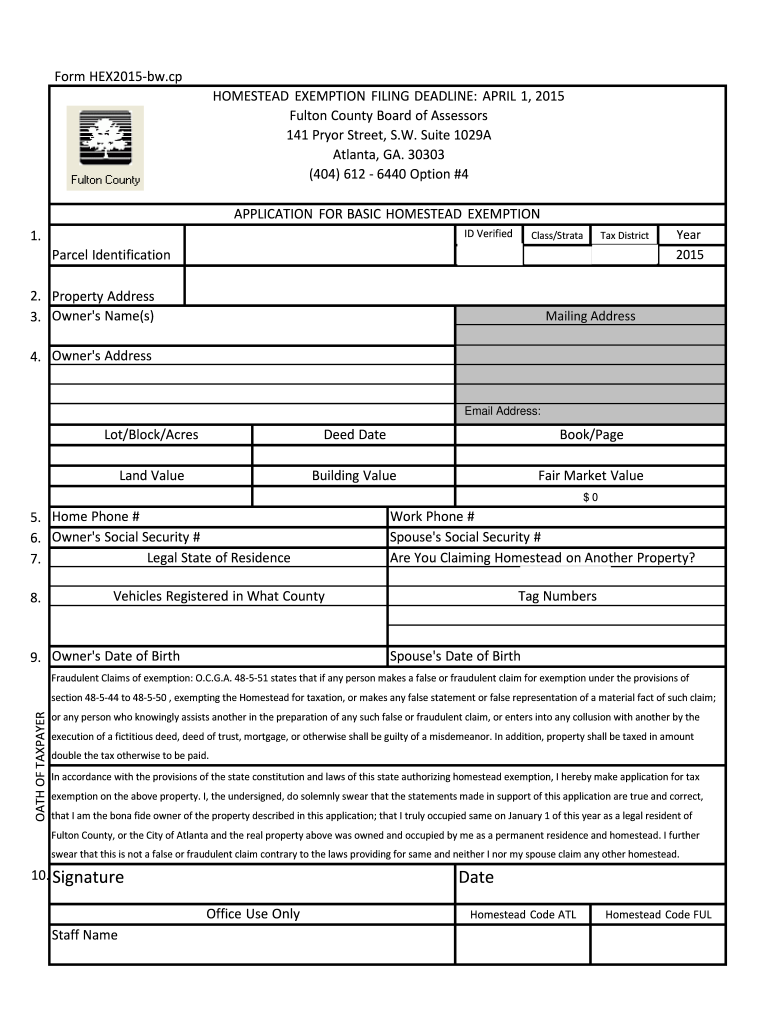 GA Application For Basic Homestead Exemption Fulton County 2015