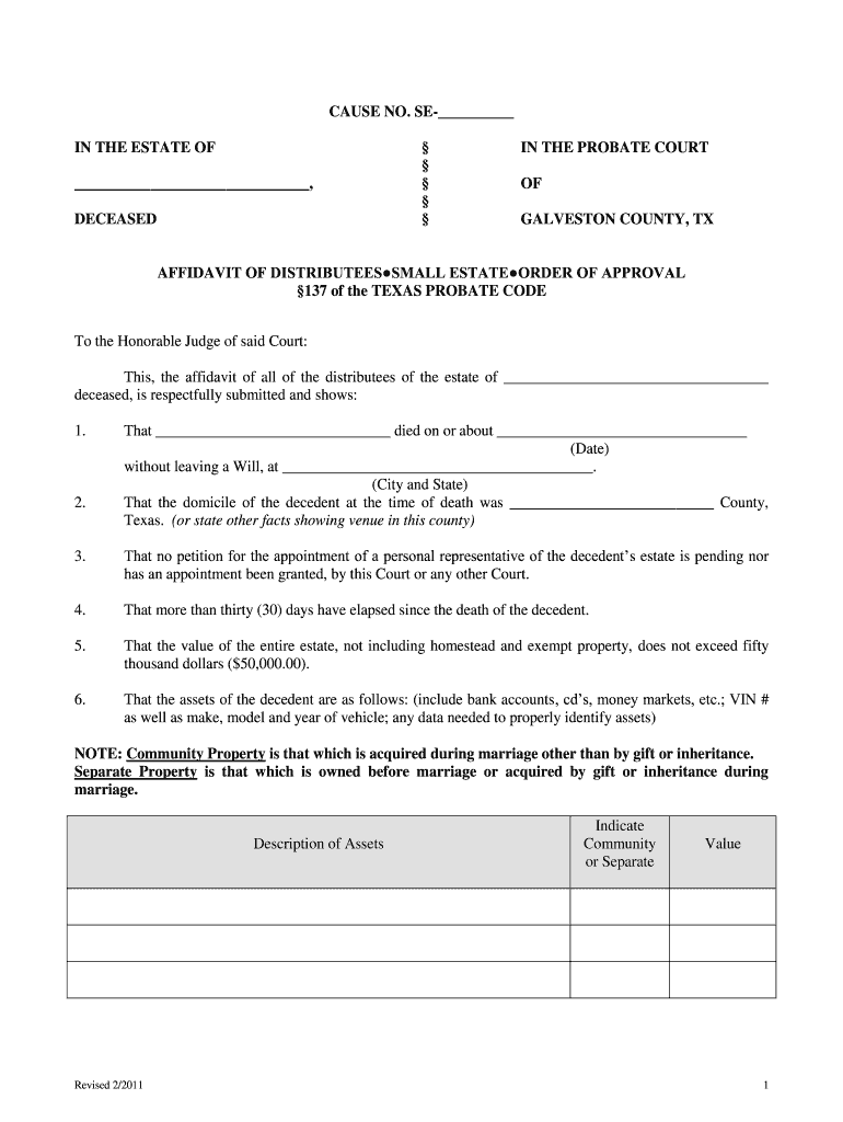 Galveston County District Attorney Small Estate Affidavit Fill Out