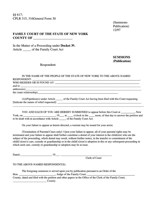 General Form 30 Summons Family Court Of New York Printable Pdf Download