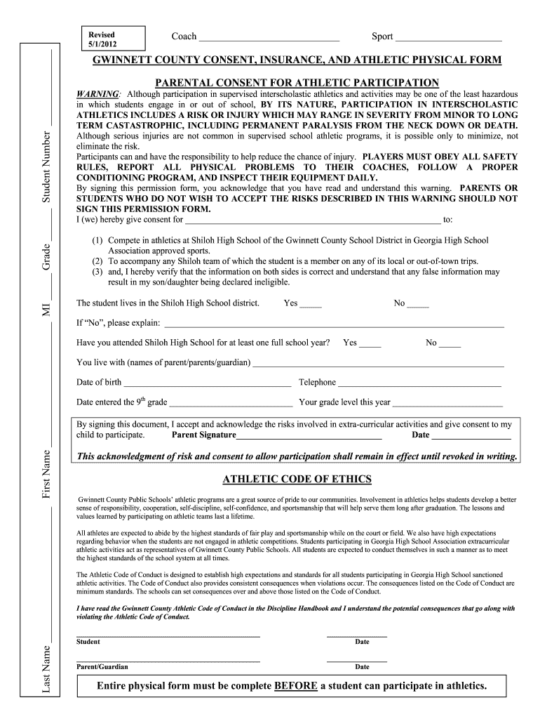Gwinnett County School Sports Physical Form Fill Online Printable 