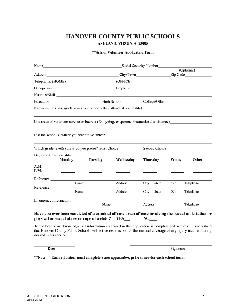 Hanover County Public Schools Volunteer Form Fill Out And Sign 