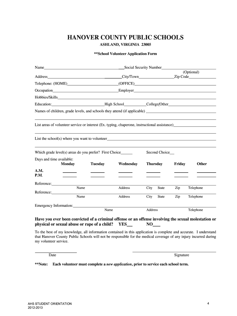 Hanover County Public Schools Volunteer Form Fill Out And Sign