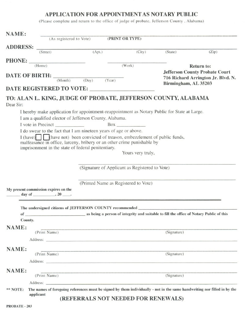 Jefferson County Alabama Application Form For Appointment As Notary 