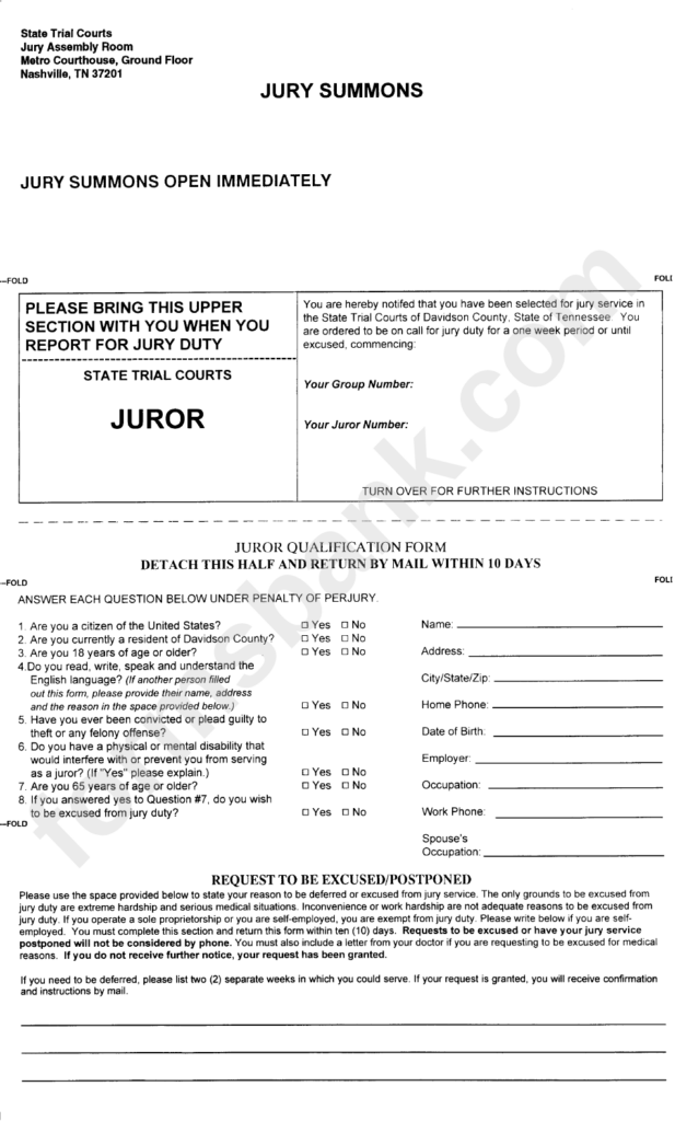 Juror Qualification Form Jury Summons Printable Pdf Download