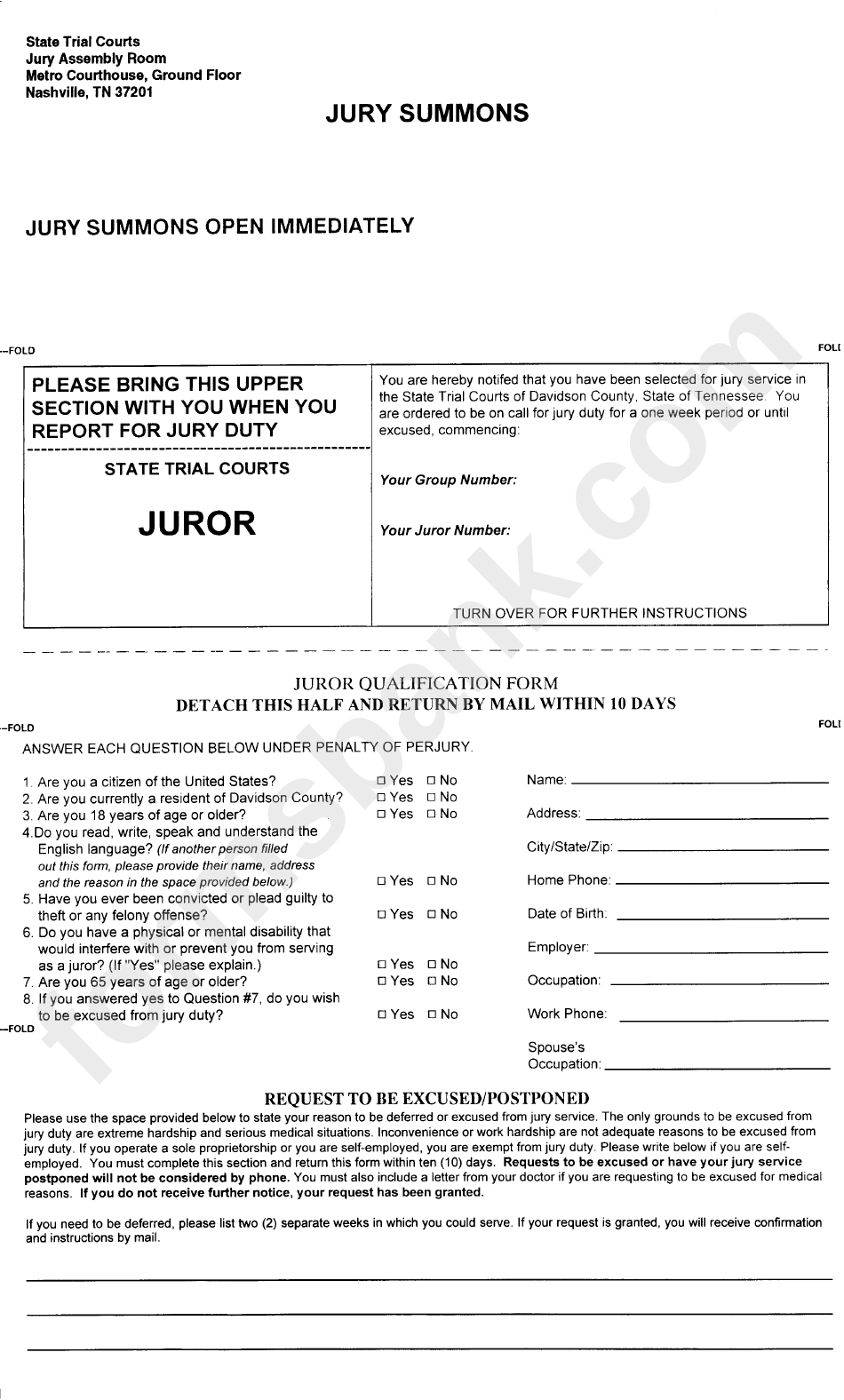 Juror Qualification Form Jury Summons Printable Pdf Download