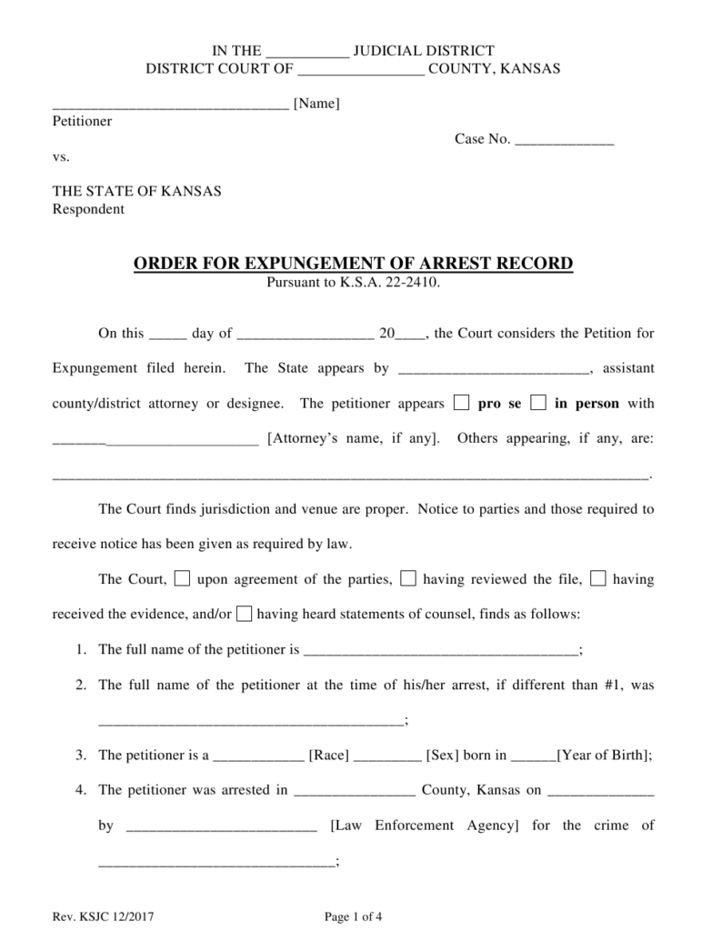 Kansas Order For Expungement Of Arrest Record Download Fillable PDF 