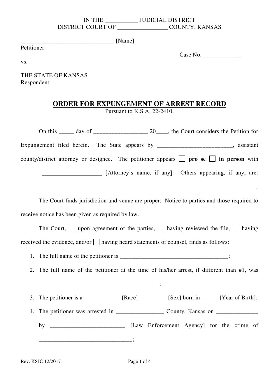 Kansas Order For Expungement Of Arrest Record Download Fillable PDF