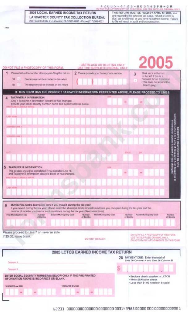 Local Earned Income Tax Return Form Lancaster County 2005 Printable 