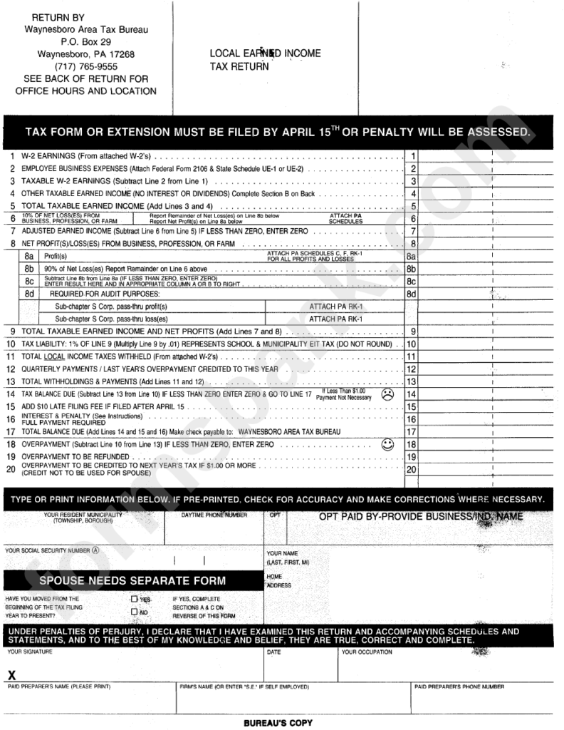 Local Earned Income Tax Return Form Printable Pdf Download