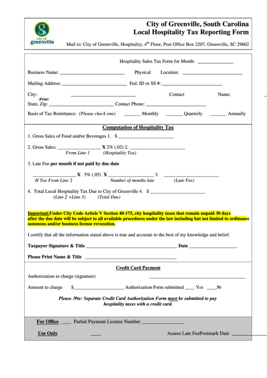 Local Hospitality Tax Reporting Form City Of Greenville South 