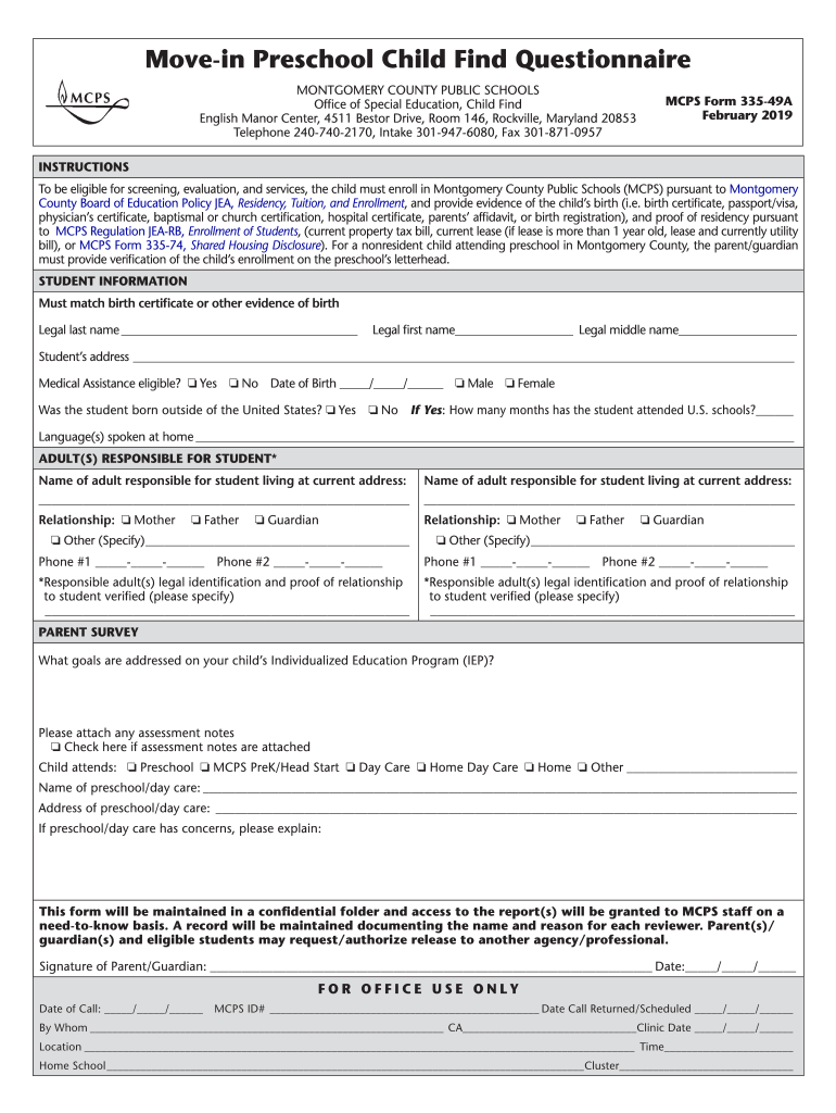 MD MCPS Form 335 49A 2019 Fill And Sign Printable Template Online 