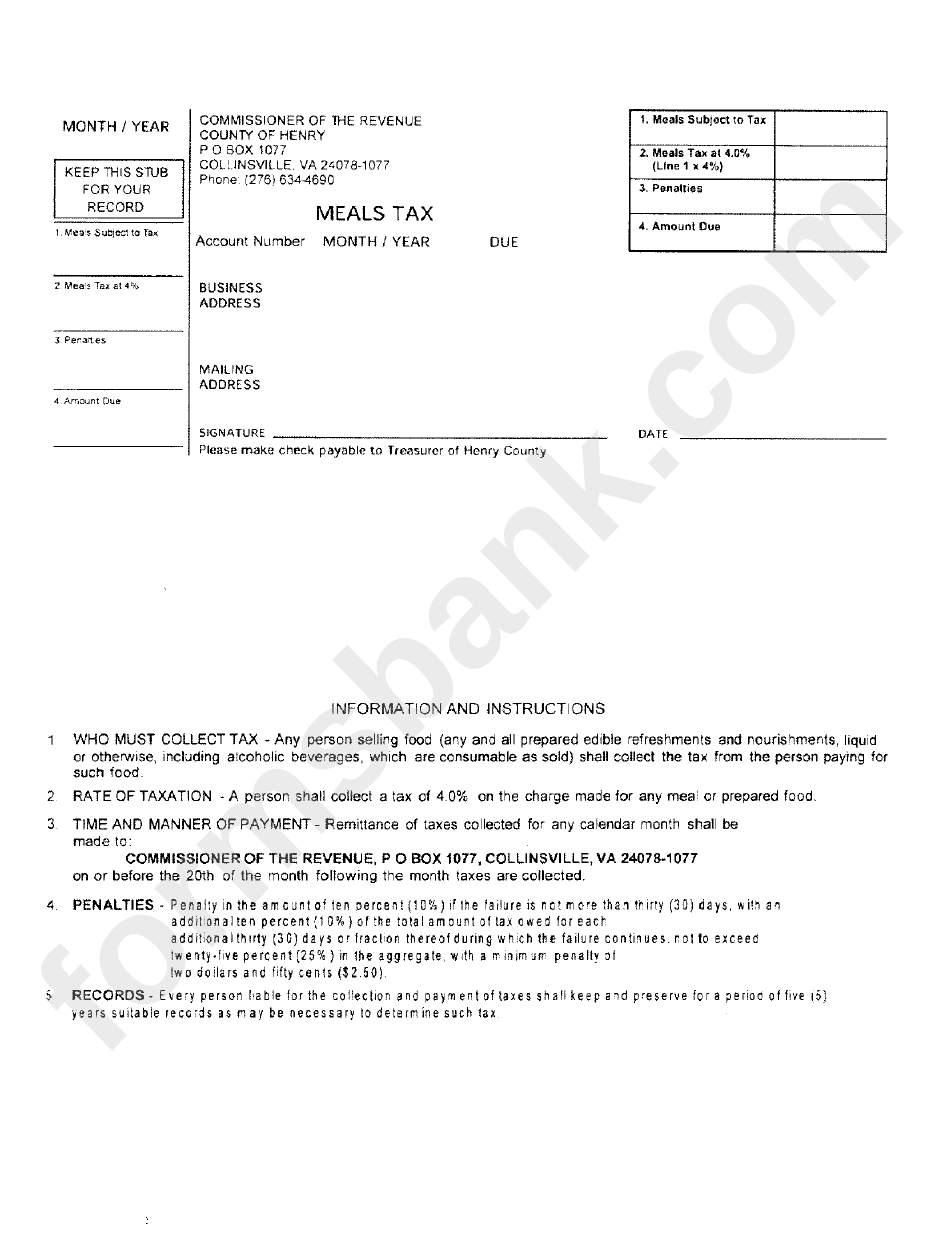 Meals Tax Form Henry County Commissioner Of The Revenue Printable Pdf 