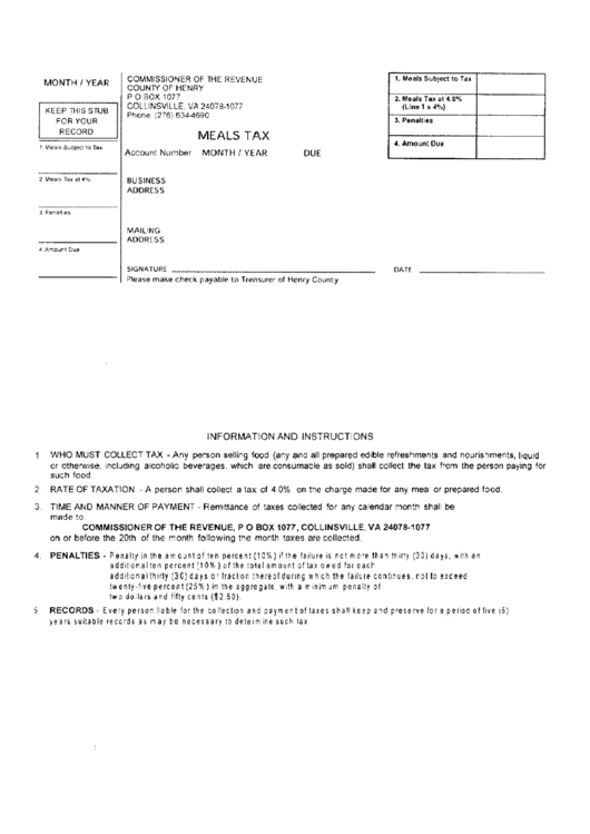 Meals Tax Form Henry County Commissioner Of The Revenue Printable Pdf