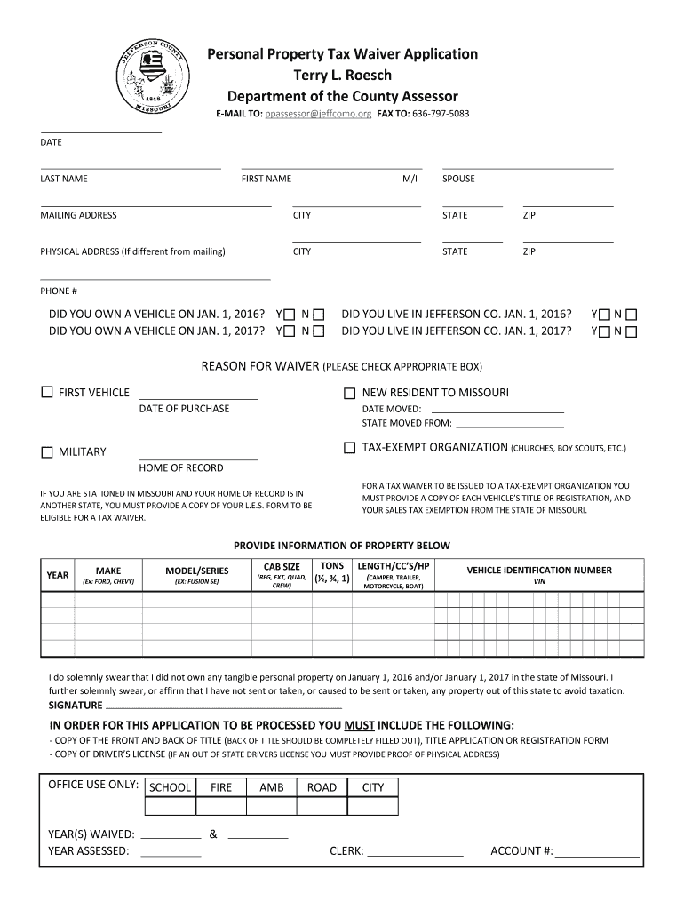 MO Personal Property Tax Waiver Application Jefferson County 2018 