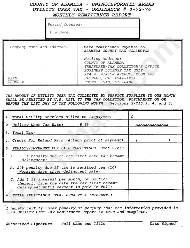 Monthly Remittance Report Form Unincorporated Areas Utility User Tax 