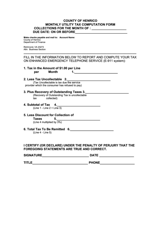 Monthly Utility Tax Computation Form County Of Henrico 2002 