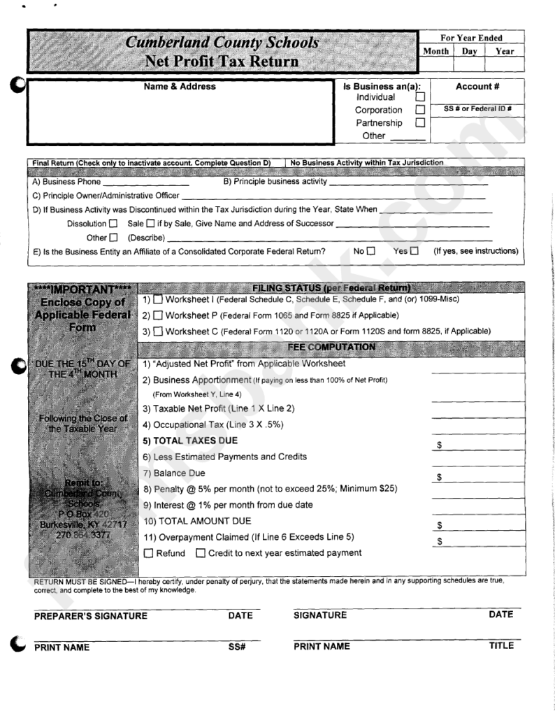 Net Profit Tax Return Cumberland County Schools Kentucky Printable 