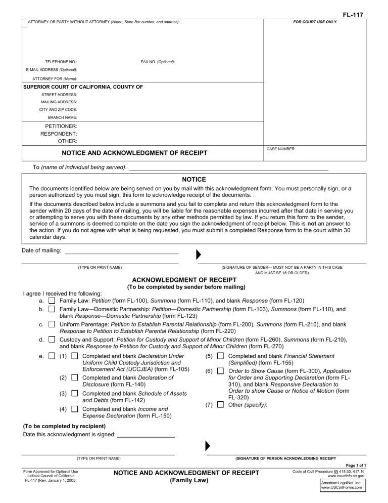 Notice And Acknowledgment Of Receipt Family Law FL 117 