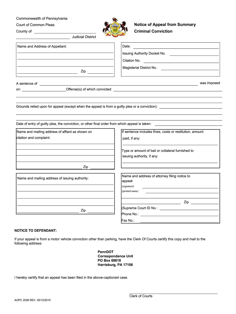 Notice Appeal From Summary Conviction Adams County Fill Out And Sign 