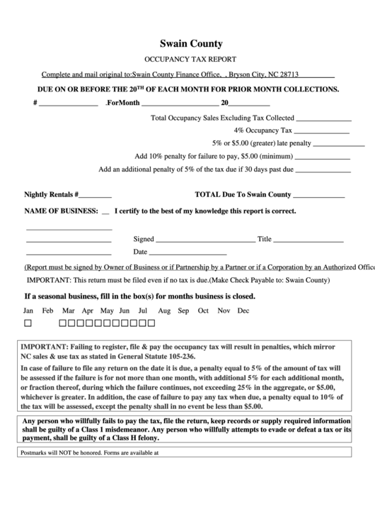 Occupancy Tax Report Form Printable Pdf Download