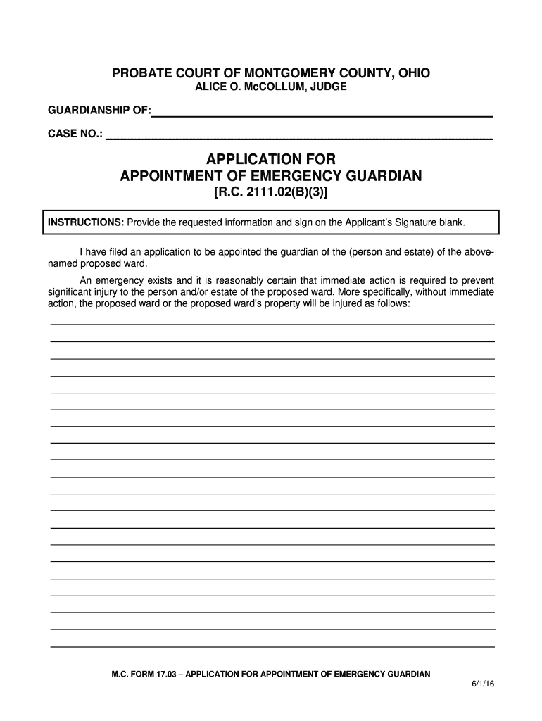 OH Application For Appointment Of Emergency Guardian Montgomery 