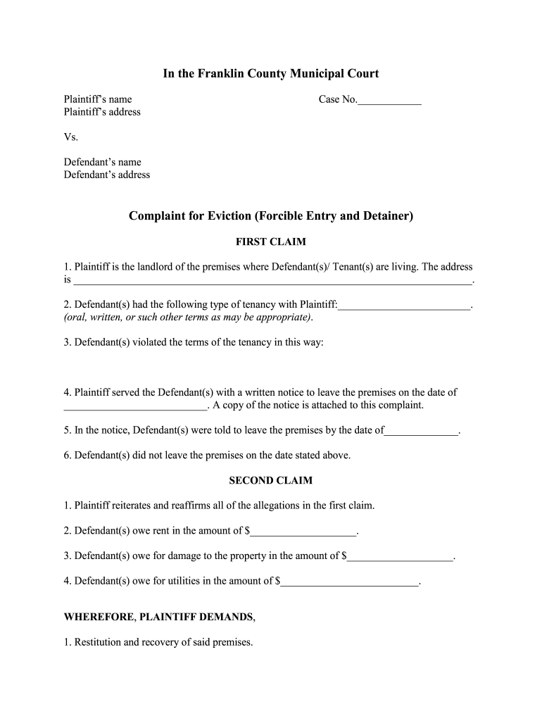 OH Complaint For Eviction Forcible Entry And Detainer Complete 