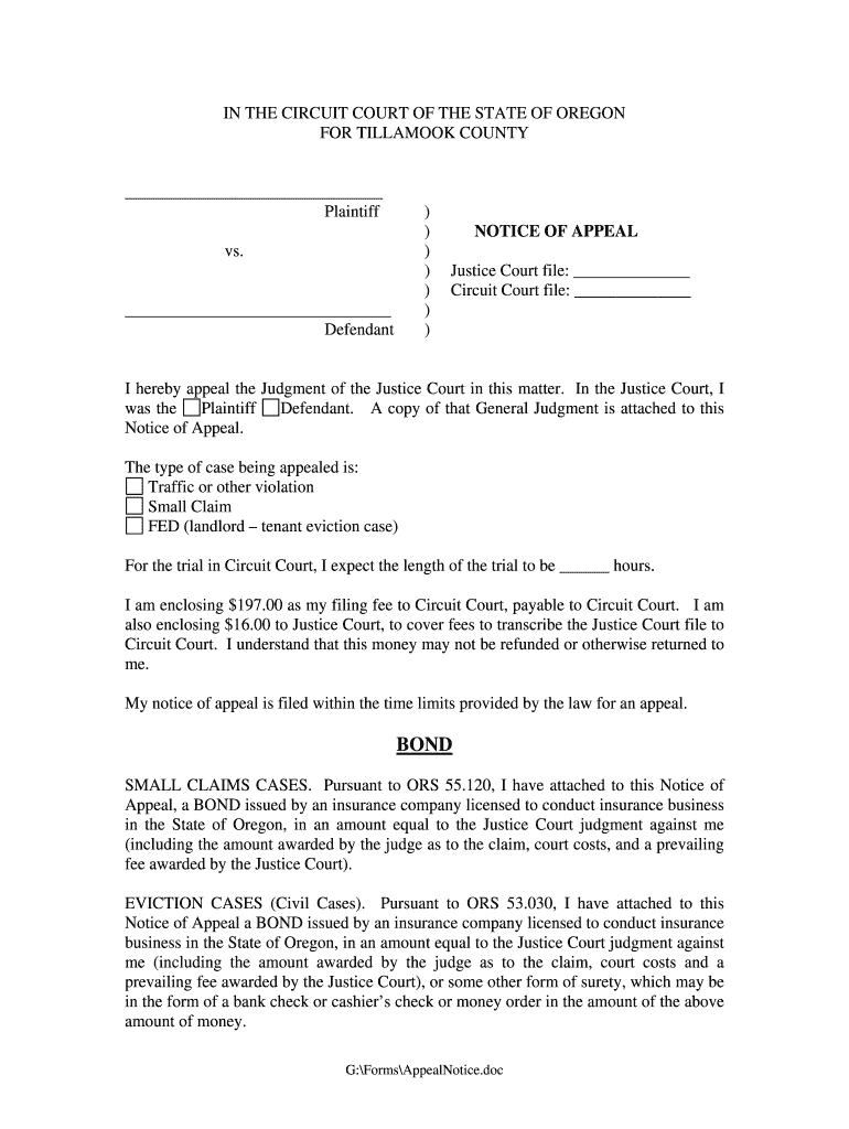 OR Notice Of Appeal Tillamook County Complete Legal Document Online