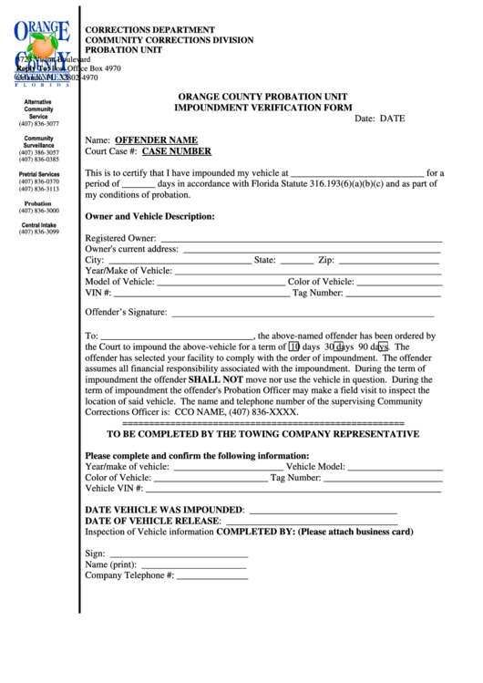 Orange County Probation Unit Impoundment Verification Form Printable 