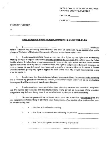 Orange County Violation Of Probation Or Community Control Plea Form 