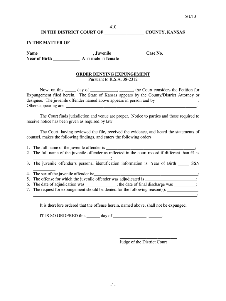 ORDER DENYING EXPUNGEMENT Kansasjudicialcouncil Fill Out And Sign 